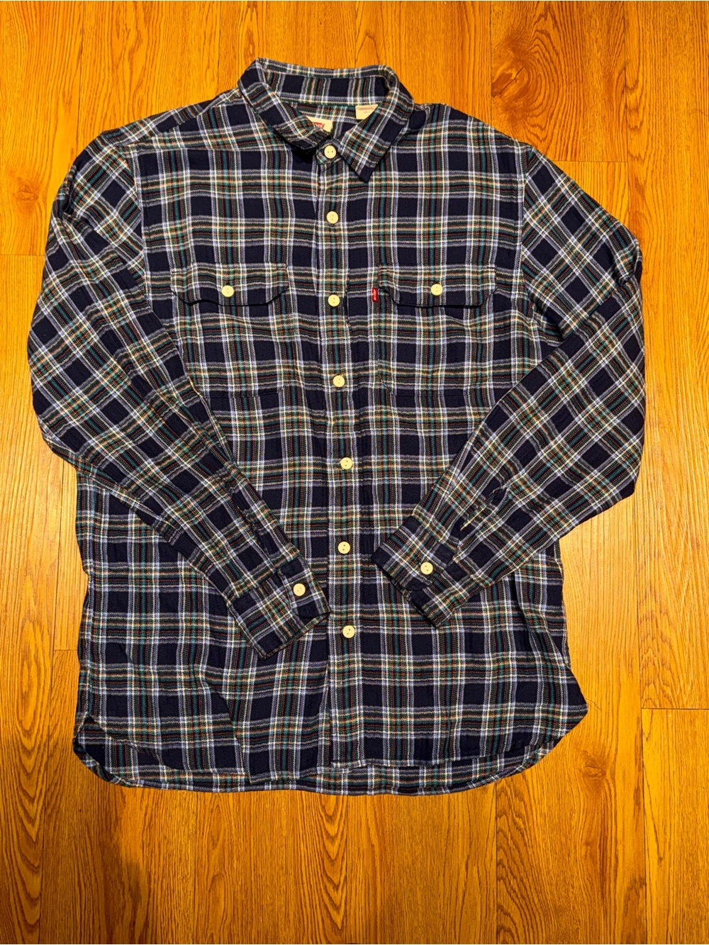 Levi's Men's Navy Plaid Button-Down Shirt with Teal & Orange Accents